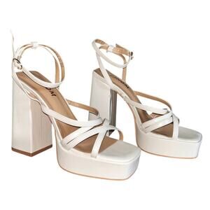 ISNOM White Platform Strappy Sandal 5" Block Heels 7